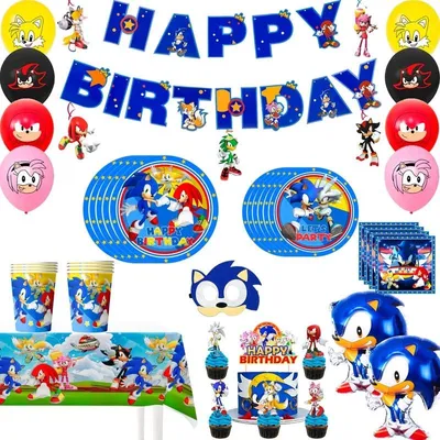 Productafbeelding van Set van 10 verjaardagsballonnen met Sonic-thema, inclusief een banner, voor kinderen