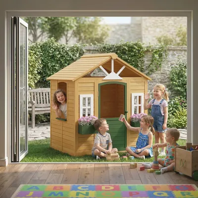 Produktbild von mit Tür und 3 Fenstern, Kinderspielhaus aus Holz für Garten, 2 Blumenkästen, Tannenholz, Braun | für 3-8 Jahre | 134,5 x 97 x 150 cm