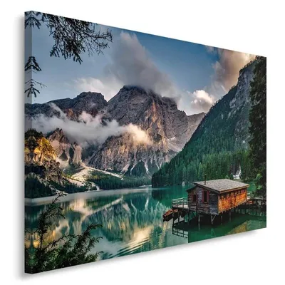 Produktbild von Leinwandbild berghauslandschaft alpen 100x70 cm Feeby grün wandbild bereit zum aufhängen