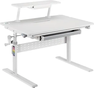 Produktbild von ER-483 Ergonomischer Kinderschreibtisch mit Höhenverstellung und Neigungsverstellung bis zu 40 Grad, Zusätzliche Ablage mit Buchhalterung, Kinder-Schultisch bis 40kg Schublade Taschenhaken