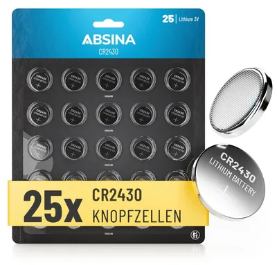 Produktbild von ABSINA CR2430 Knopfzelle 25er Pack - CR 2430 3V Knopfzellen auslaufsicher & lange Haltbarkeit - Knopfbatterie CR2430