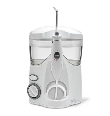 A white Waterpik Ultra water flosser is shown against a white background.