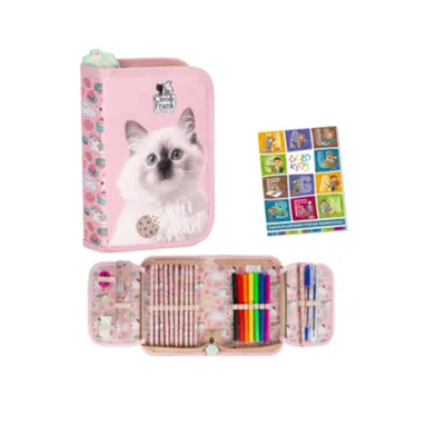 Produktbild von Goldkids - Federmäppchen 1 Fächer - Federmappe 1-Fach Federtasche Gefüllte Schüleretui - Schulmäppchen und Hausaufgabenheft - Katze Motiv