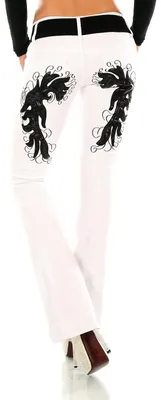Productafbeelding van STIDIA dames bootcut jeans, wijde pijpen, broek, wijde broek, met details, kunstleer, borduursel, tattoo-motief