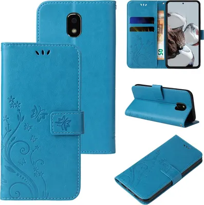Collage of a blue floral and butterfly embossed flip phone case for a Samsung Galaxy J5 (2017).