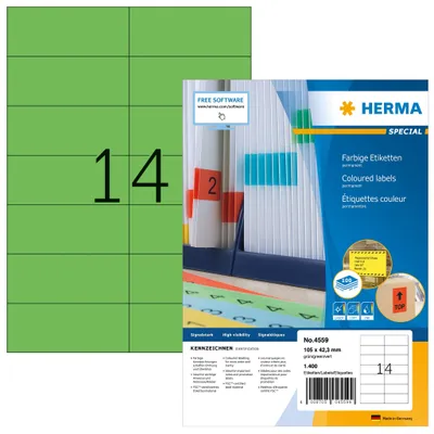 Produktbild von HERMA 4559, Grün, Rechteck, A4, Universal, Matte, Laser/Inkjet