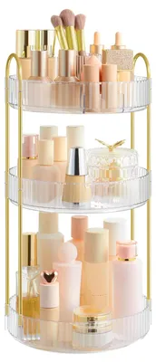 Produktbild von Drehbarer Make-up-Organizer, runder Kosmetik-Organizer, 3 Ebenen, verstellbare Kosmetikaufbewahrung, für den Schminktisch, Geschenkidee, transparent JKA011W02