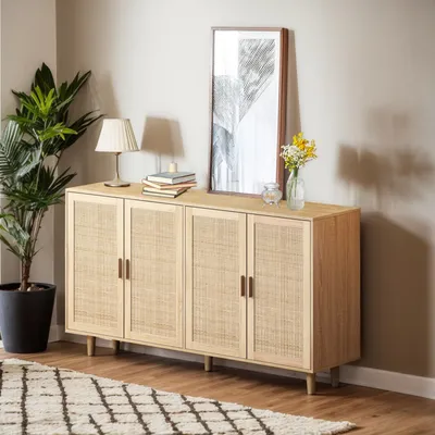 Produktbild von MODFU Sideboard Buffetschrank Aufbewahrungsschrank aus Rattan mit 4 Türen,Beistellschrank für Schlafzimmer, Wohnzimmer ,Natur