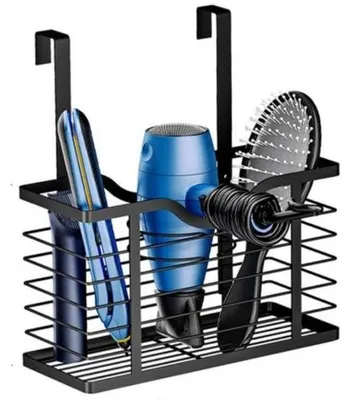 Image de Support mural Unyqoos® pour sèche-cheveux, sans perçage – métal noir, support spiralé gain de place pour sèche-cheveux, lisseurs et brosses