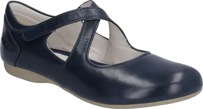 A single navy blue ballerina shoe is shown from a side-diagonal angle against a white background.