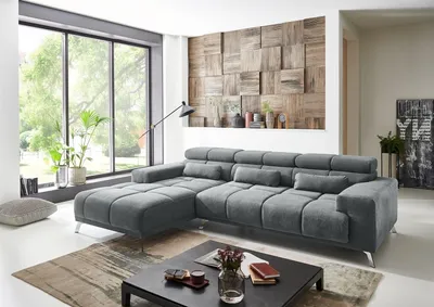 Produktbild von Wohnlandschaft >Starlett< Kopfteilverstellungen, 3 Kissen, grau, Füße schwarz - 285x99x201 BxHxT