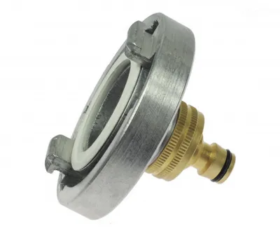 A close-up studio shot of a metal adapter with a brass fitting.