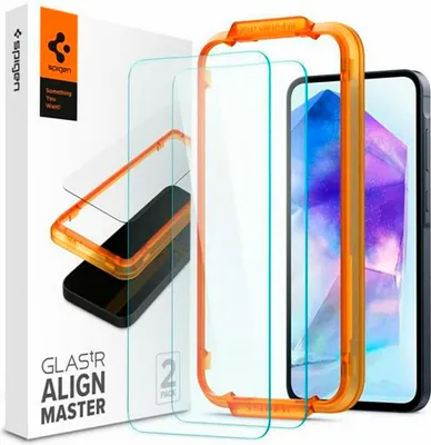 A product shot of Spigen screen protectors and an alignment tool, with packaging visible.