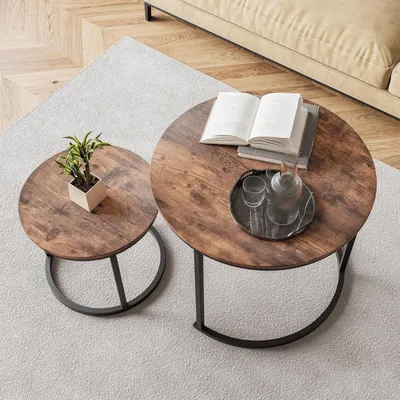 Produktbild von Runder Couchtisch 2er-Set Braun Metall Holz 60x49cm & 40x36cm stapelbar