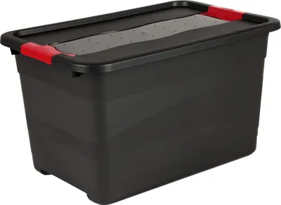 A black plastic storage box with red handles and a clear lid insert.