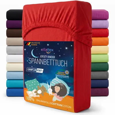 Produktbild von EllaTex Jersey Kinder Spannbettlaken 70x140 Baumwolle – weich & atmungsaktiv, Spannbetttuch für Babybett, in Farbe: Rot