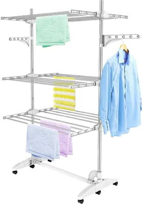 Produktbild von Wäscheständer - Material Edelstahlrohre - maximale Belastbarkeit 3 kg - 3 weiße Regale mit Flügeln - Todeco