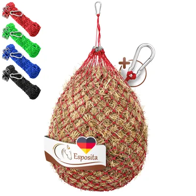 Produktbild von Esposita Heunetz mit Ringen und Karabinerhaken Rot engmaschig (3x3cm)