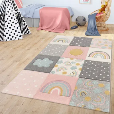 Produktbild von TT Home Kinderzimmer Teppich Kinderteppich Mit Regenbogen Wolken Muster Grau Rosa Creme Größe 120 cm Rund