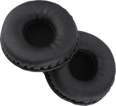 Two black, round ear pads for headphones are shown on a white background.