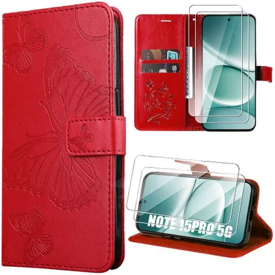Image de Coque + 2 Verres Trempés pour Xiaomi Redmi Note 15 Pro 5G, Anti Rayure CuirPolyuréthaneRouge Motif Papillon