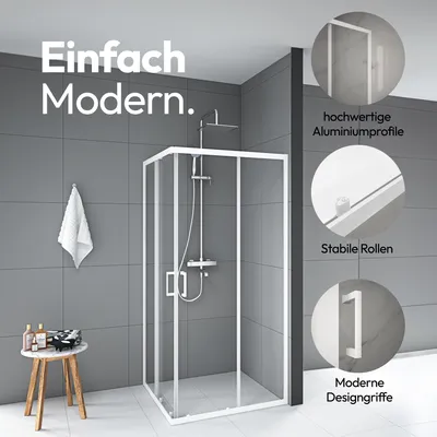 Produktbild von Duschkabine 90x90 Marwell Glasdusche Factory Eckdusche, weiß, 90 x 90 x 200 cm - Duschkabine mit matt weißem Aluminiumrahmen - Duschabtrennung mit Schiebetür