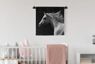 Produktbild von MuchoWow® Wandteppich Wandbehang Pferd - Weiß - Schwarz 60x60 cm Tapisserie Dekoration Wandtuch - Dekorationen - Wand Decke