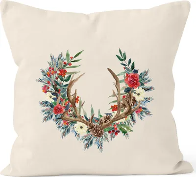 Produktbild von Kissenbezug Weihnachten Weihnachtskranz Geweih Hirschgeweih Blumen Gesteck Kranz Misteln Autiga® natur 40cm x 40cm