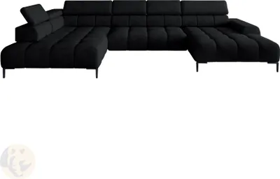 Zdjęcie produktu dla Sofa narożna PLAZA-U Fabric SOLAR Sofa narożna z wygodnym puszystym oparciem Długa lewa 216cm Krótka prawa 177cm Industrialny styl Kształt U lewa 385x99x216cm WxHxD CZARNY