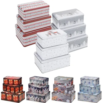 Produktbild von Weihnachts Keksdosen Set, rechteckig 3-tlg., Motiv:Merry Christmas - gold/rot