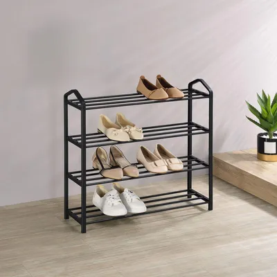 Produktbild von Schuhregal TRALEE schwarz - platzsparend mit 4 Ablagen für Flur oder Eingangsbereich –  Schuhständer aus Metall modernes offenes Design, Schuhablage