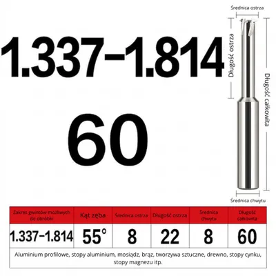 Zdjęcie produktu dla Frez 55° do gwintów calowych Rozmiar: 8x22x1.337-1.814x60L