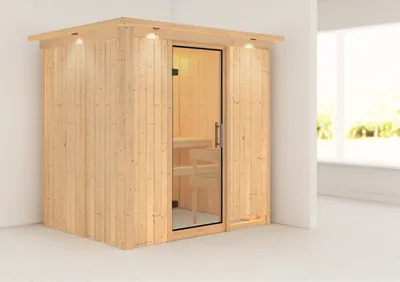 Produktbild von Karibu Sauna Innensauna Bodin Fronteinstieg ohne Zubehör 210x165x202 cm mit Dachkranz mit Klarglastür