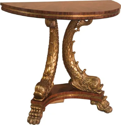 Produktbild von Casa Padrino Luxus Barock Konsole Braun / Gold 92 x 47 x H. 83 cm - Halbrunder Massivholz Konsolentisch mit dekorativen handgeschnitzten Koi Fischen und Löwenfüßen - Edel & Prunkvoll