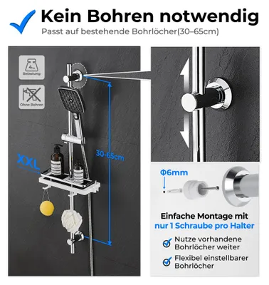 Obrázok produktu pre Sada sprchových prvkov z nehrdzavejúcej ocele JOHO, vrátane hadice a držiaka, sprchová tyč 70 cm s nastaviteľným držiakom sprchy, ručná sprcha s 3 tryskami, polička na sprchové doplnky, chrómová
