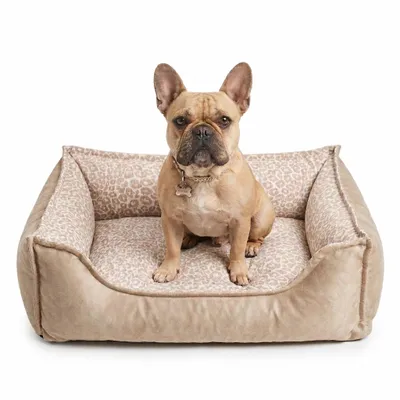 Produktbild von 4L Textil LEOPARD GLAM Luxus-Hundebett für kleine und mittelgroße Hunde, Jacquard und Kunstleder in Vintage-Optik, orthopädisch, waschbar, 80x60 cm