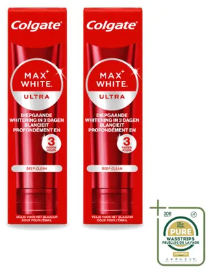 Imagen del producto de 2 tubos de pasta dental Colgate Max White Ultra Deep Clean, blanqueadora, de 75 ml. Pack ahorro, 2 unidades