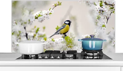 Produktbild von KitchenYeah®  Spritzschutz Küche - Küchenrückwand - Wandschutz für Herd und Spüle - Vogel - Kohlmeise - Blumen - Blütenbaum 120x60 - Alu-Dibond (Alternative zum Spritzschutz aus Glas) - Hitzebeständig