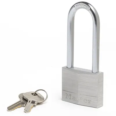 Produktbild von Master Lock 9150EURDLJ Vorhängeschloss langer Bügel mit Schlüssel aus Aluminium mit Vinylabdeckung, Schwarz, 5 x 10,7 x 1,4 cm