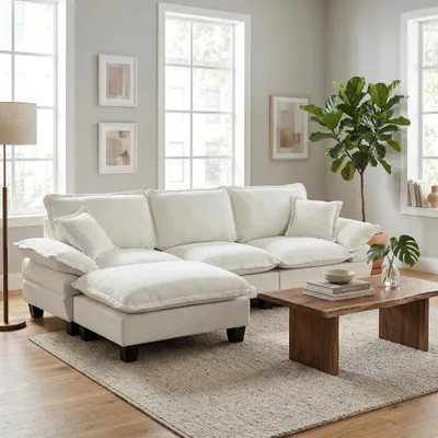 Produktbild von Modulares Ecksofa, L-förmige Cloud-Couch mit Segelboot-Design, 1 Ottomane & 2 Kissen, weicher Chenille-Bezug für Wohnzimmer & Apartments, Beige