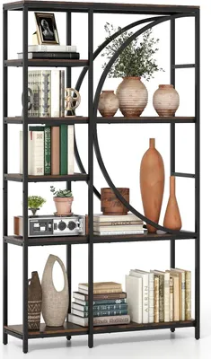 Image de Bibliothèque géométrique - Étagère sur pied - Étagères ouvertes en bois - Structure métallique - Pour le bureau et le salon - Naturel