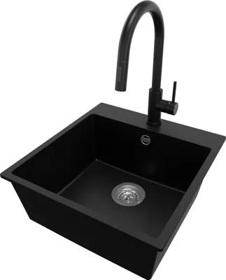 Produktbild von PRIMAGRAN Granitspüle Schwarz 48x50cm, Spülbecken 1 Becken + Küchenarmatur 40x20cm + Ablauf-Set, Küchenspüle ab 50er Unterschrank - Riga