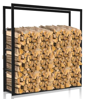 Zdjęcie produktu dla Półka na drewno kominkowe Peviasot, wymiary 150 × 100 × 25 cm, metalowa, kolor czarny, modułowa konstrukcja, udźwig do 150 kg