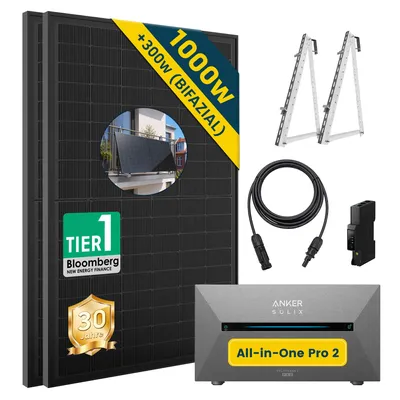 Produktbild von Balkonkraftwerk mit Speicher Anker Solix Solarbank 2 E1600 PRO, 1000W + Balkon Halterung