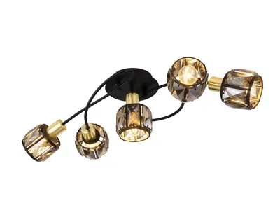 Image de Globo Lighting Plafonnier métal noir mat, métal doré mat, cristaux de verre fumé, LxlxH : 614x360x210mm, excl. 5x E14 40W 230V