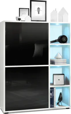 Produktbild von Vladon Highboard Schrank Anrichte Cuba mit 8 Fächern,  Germany, Korpus in Weiß matt / Fronten in Schwarz Hochglanz, mit RGB LED Beleuchtung