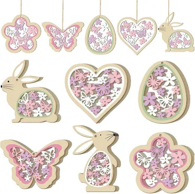 Dekoratives 24-teiliges Set mit Hanfschnur-Eiern und Hasen für Frühlingsfeste, Ostern, Schmetterlinge und Blumen (rosa)