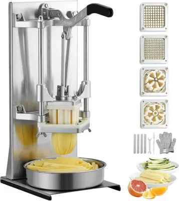 Produktbild von Gewerblicher Pommes-Frites-Schneider – Inklusive 4 Ersatzklingen, Würfelwerkzeug, 6-teiligem Schneideinsatz und Kernentferner – Kartoffelschneider für Pommes Frites