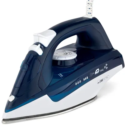 A product shot of a dark blue and white steam iron against a white background.