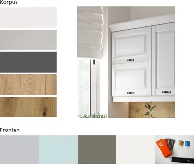 A collage showing color samples and a kitchen cabinet.